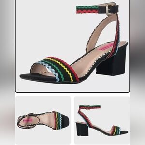 Betsey Johnson Black Multicolor Wavy-Strap Block Heel Sandals